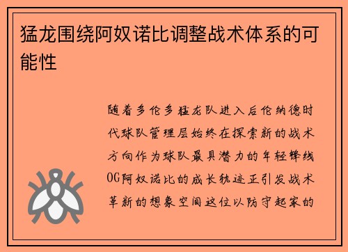 猛龙围绕阿奴诺比调整战术体系的可能性