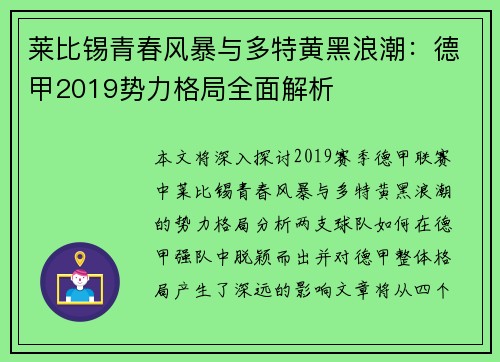 莱比锡青春风暴与多特黄黑浪潮：德甲2019势力格局全面解析