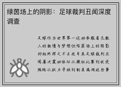 绿茵场上的阴影：足球裁判丑闻深度调查