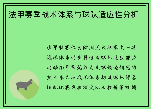 法甲赛季战术体系与球队适应性分析
